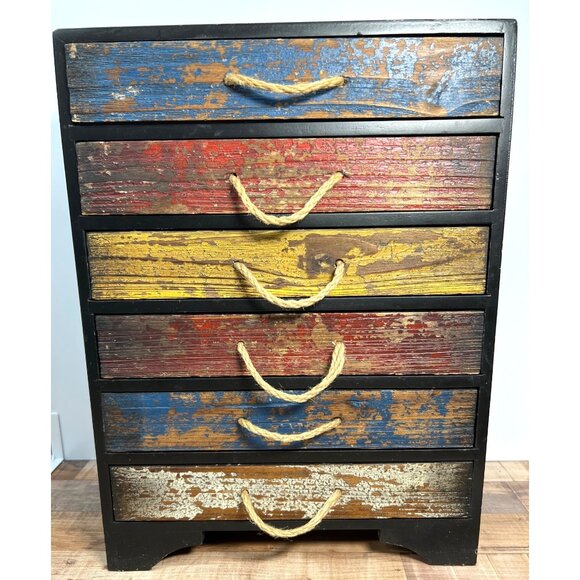 Rustic Multi-Color Wooden Chest Of 6 Drawers With Rope Handles Destressed - Picture 1 of 6